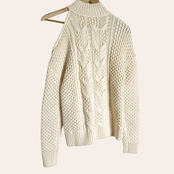 INTERMIX Britta Ivory Cold Shoulder Cableknit Wool Sweater Size Petite - Picture 5 of 9